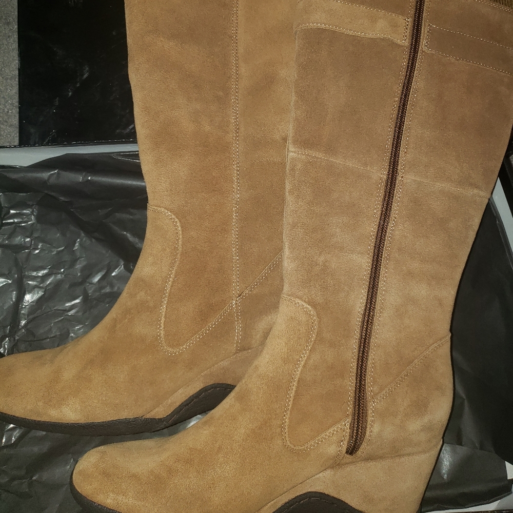 New a.n.a Hair Camel Wedge Suede Heel Boots